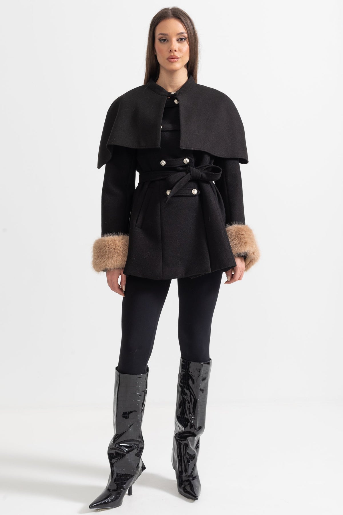 Double-Breasted Coat With Detachable Cape - Black