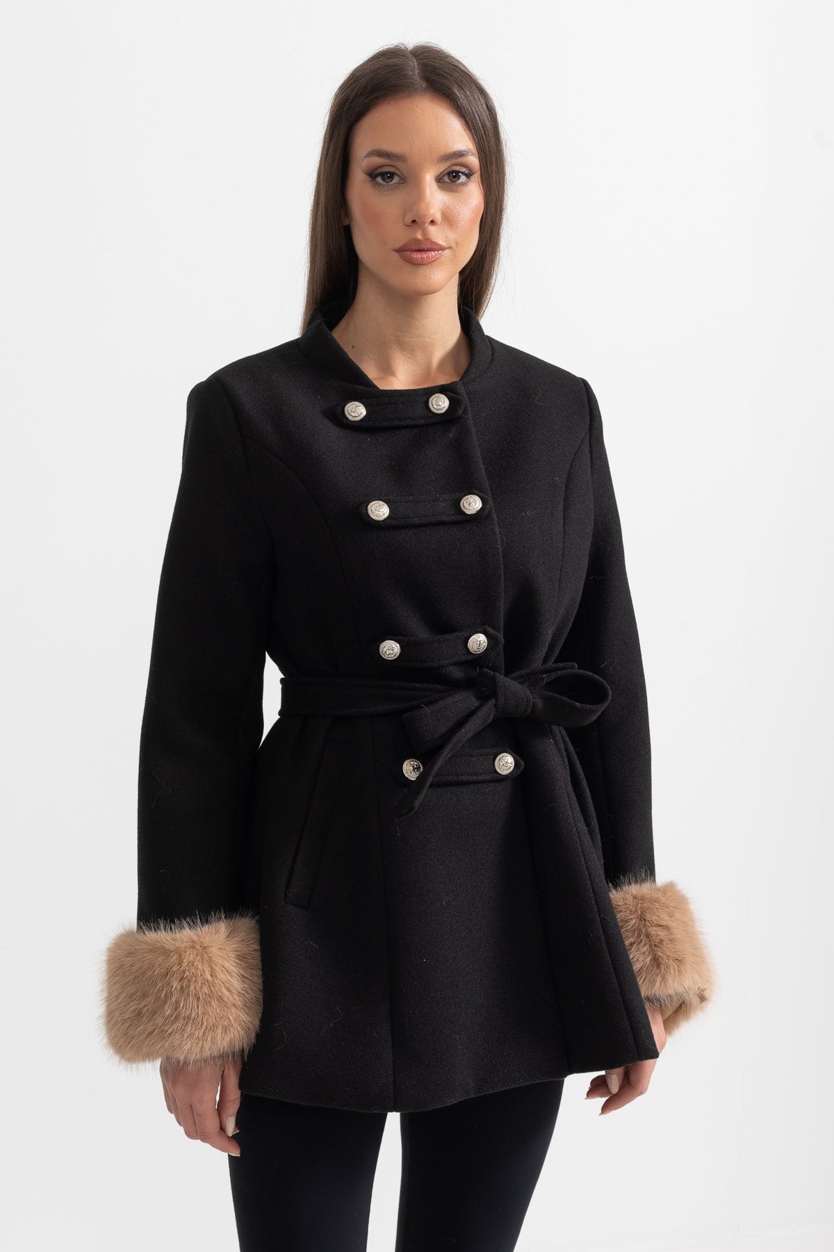 Double-Breasted Coat With Detachable Cape - Black