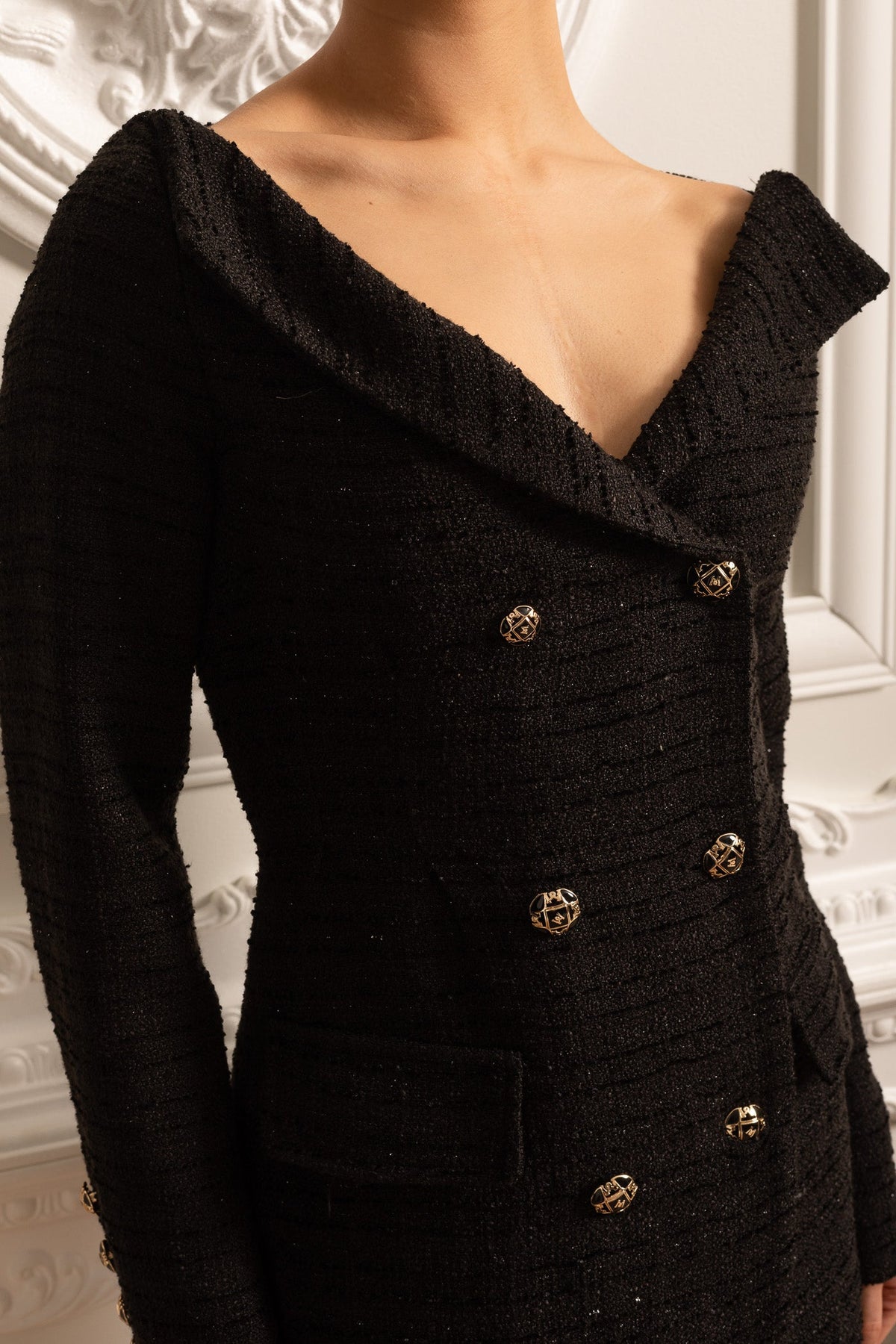 Double-Breasted Textured Dress With Decorative Gold Buttons - Black
