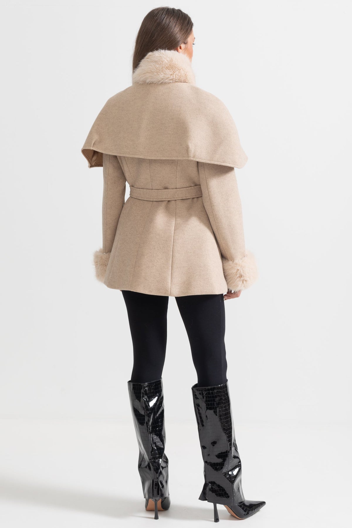 Double-Breasted Coat With Detachable Cape - Beige