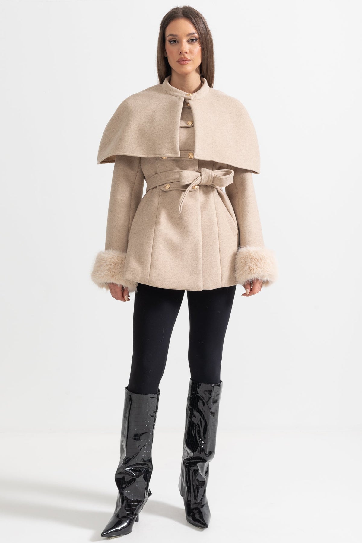 Double-Breasted Coat With Detachable Cape - Beige