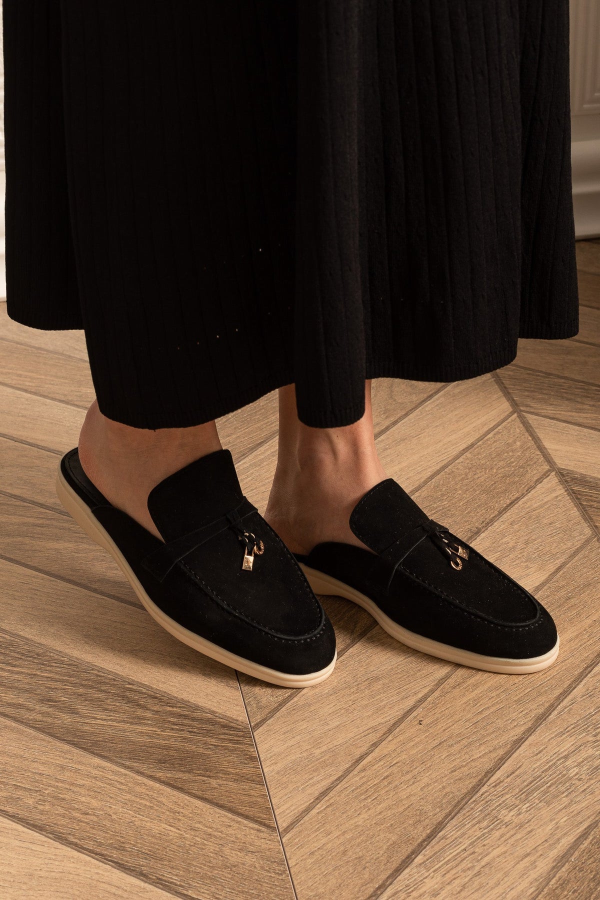 Suede Loafers With Contrasting Sole And Metal Charms - Black