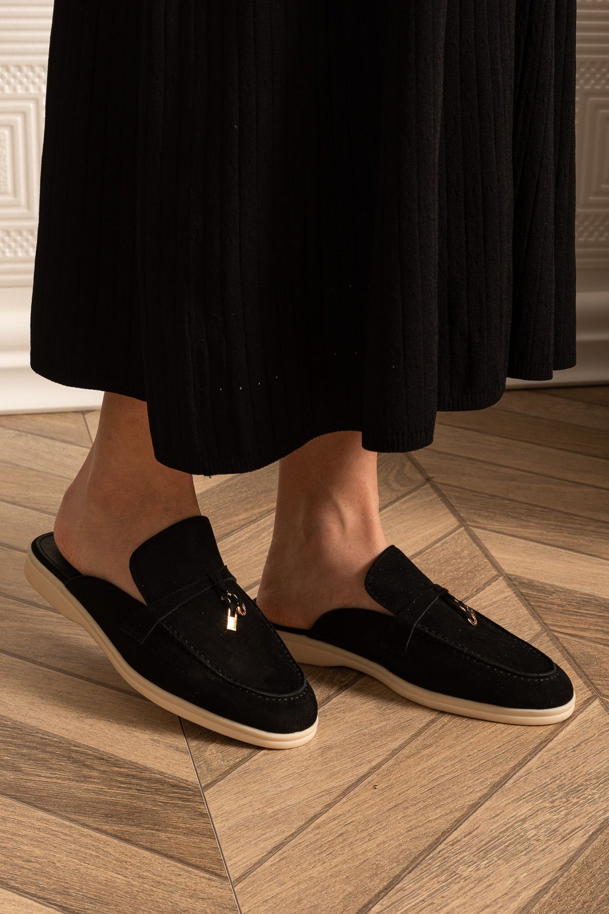 Suede Loafers With Contrasting Sole And Metal Charms - Black