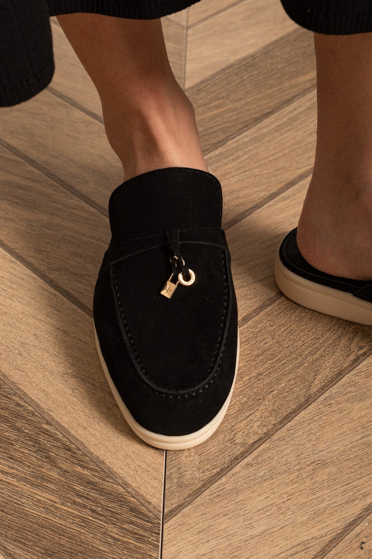Suede Loafers With Contrasting Sole And Metal Charms - Black