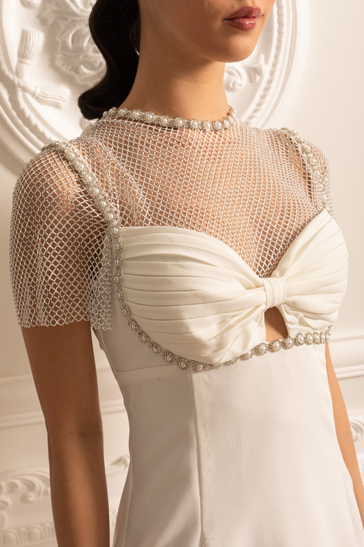 Elegant Mini Dress With Mesh Top And Pearl Embellishments- White