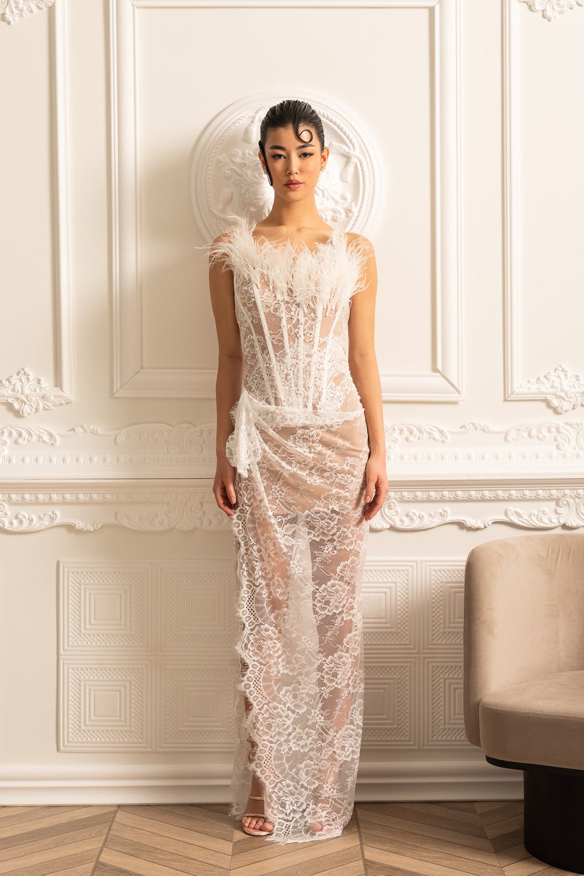 Delicate Lace Gown With Feather Embellished Neckline - White