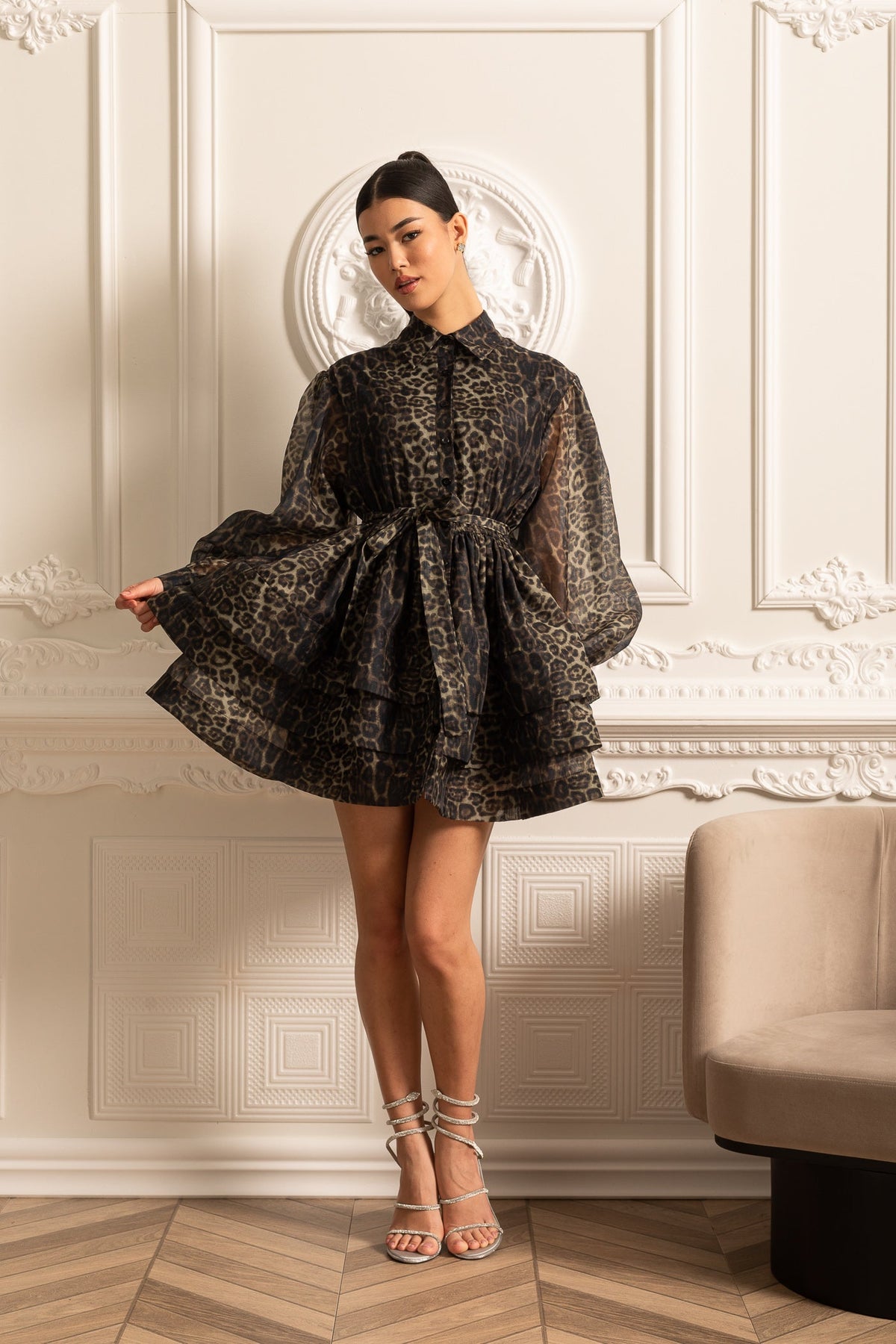 Leopard Pattern Long Sleeved Dress With Layered Skirt - Black