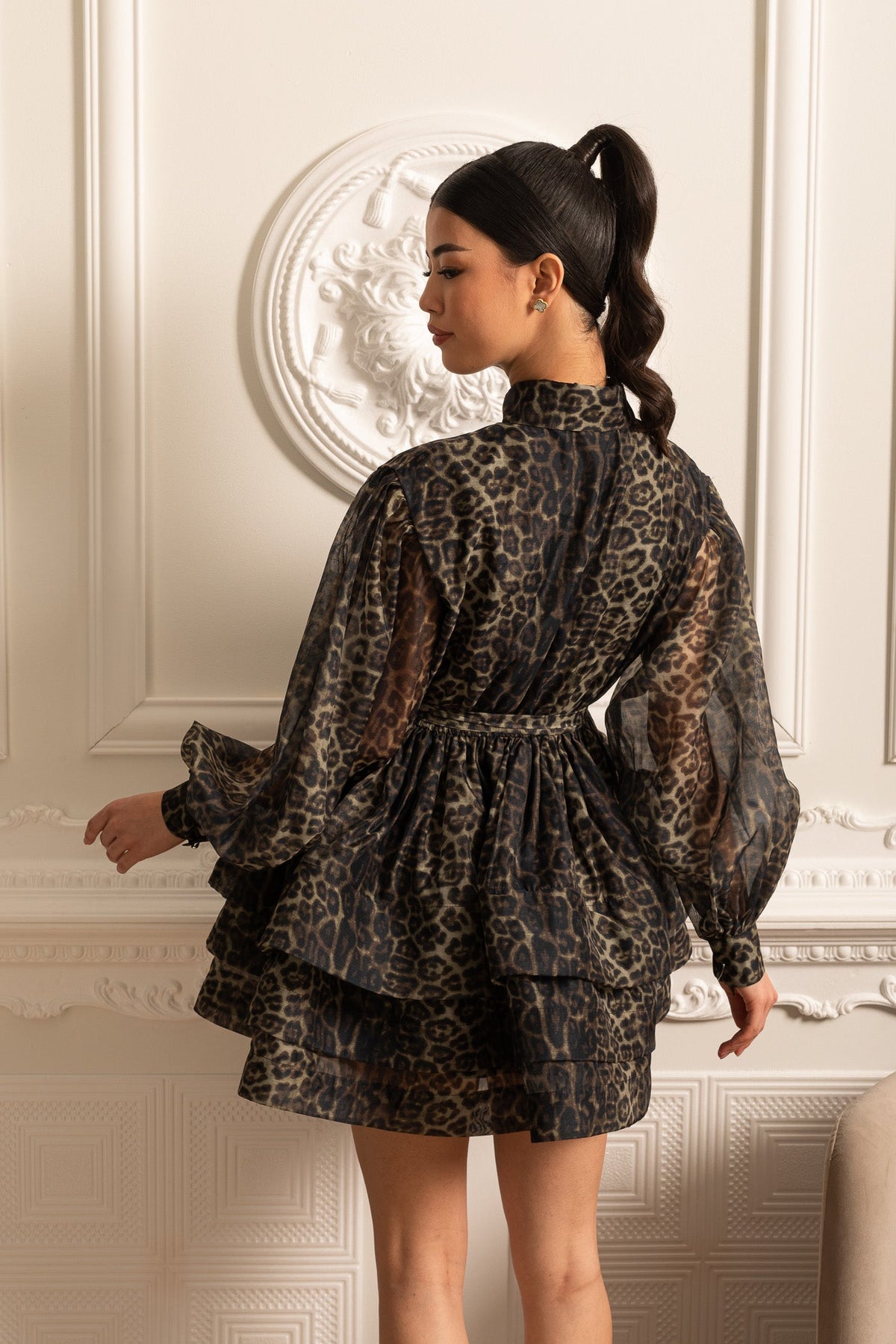 Leopard Pattern Long Sleeved Dress With Layered Skirt - Black