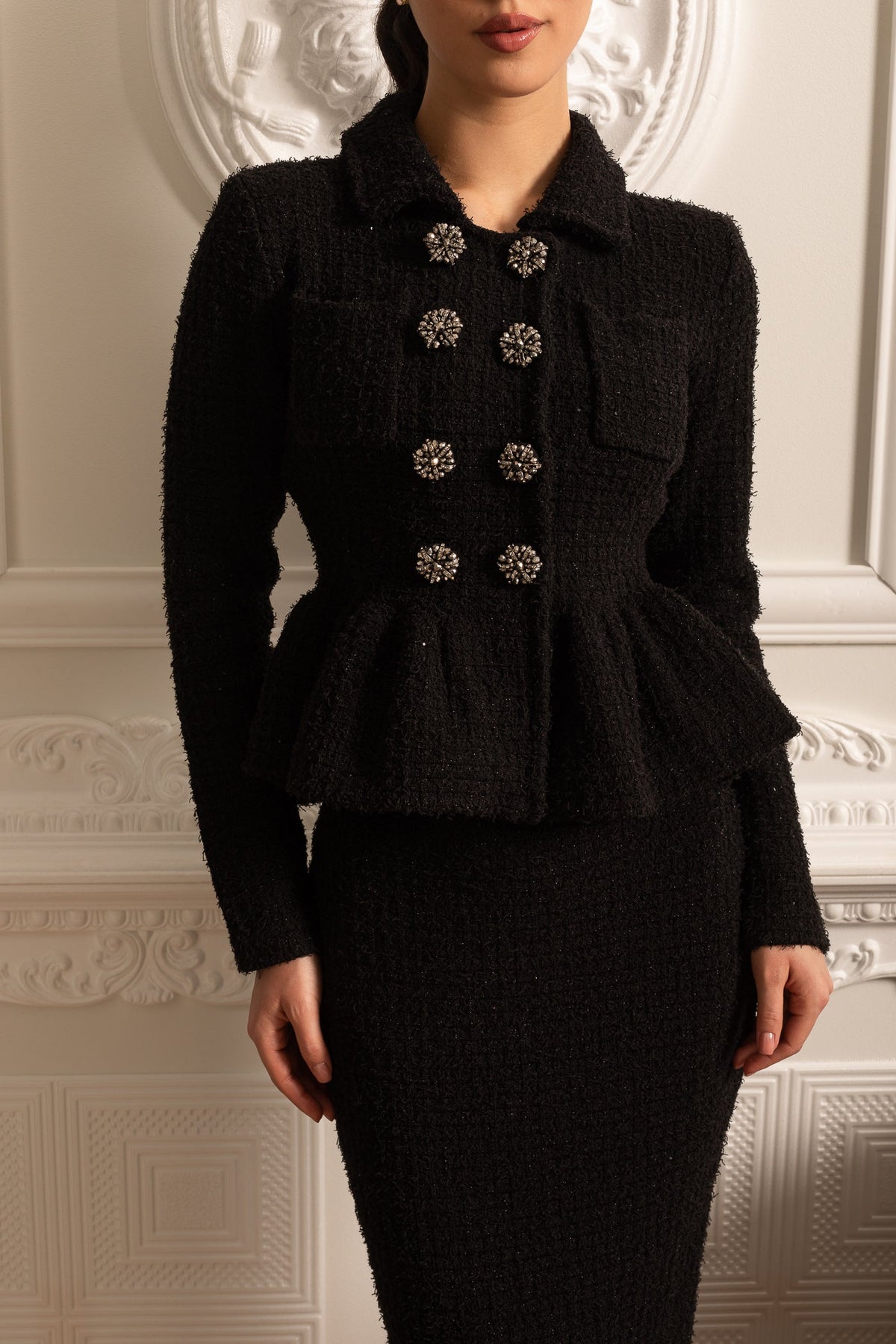 Knitted Textured Dress With Peplum Waist And Decorative Buttons - Black