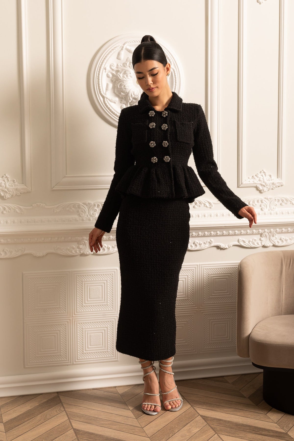Knitted Textured Dress With Peplum Waist And Decorative Buttons - Black