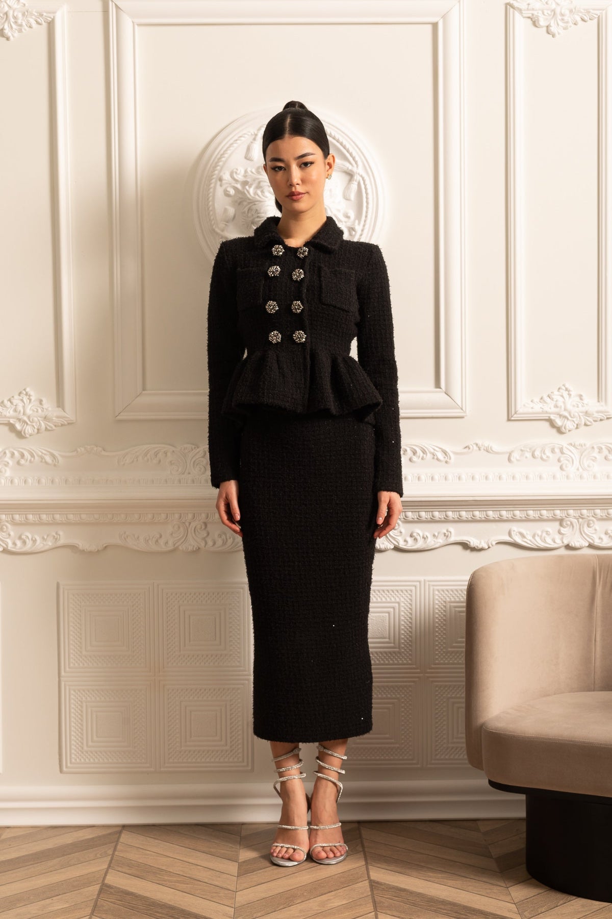 Knitted Textured Dress With Peplum Waist And Decorative Buttons - Black