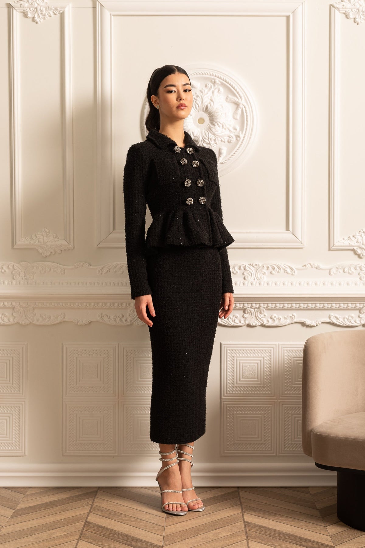 Knitted Textured Dress With Peplum Waist And Decorative Buttons - Black