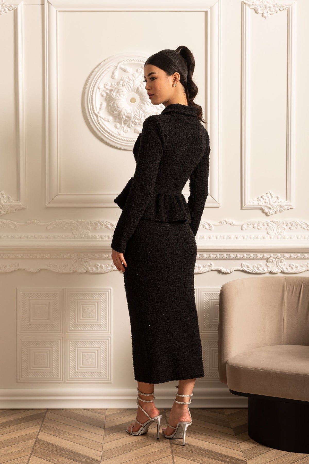 Knitted Textured Dress With Peplum Waist And Decorative Buttons - Black