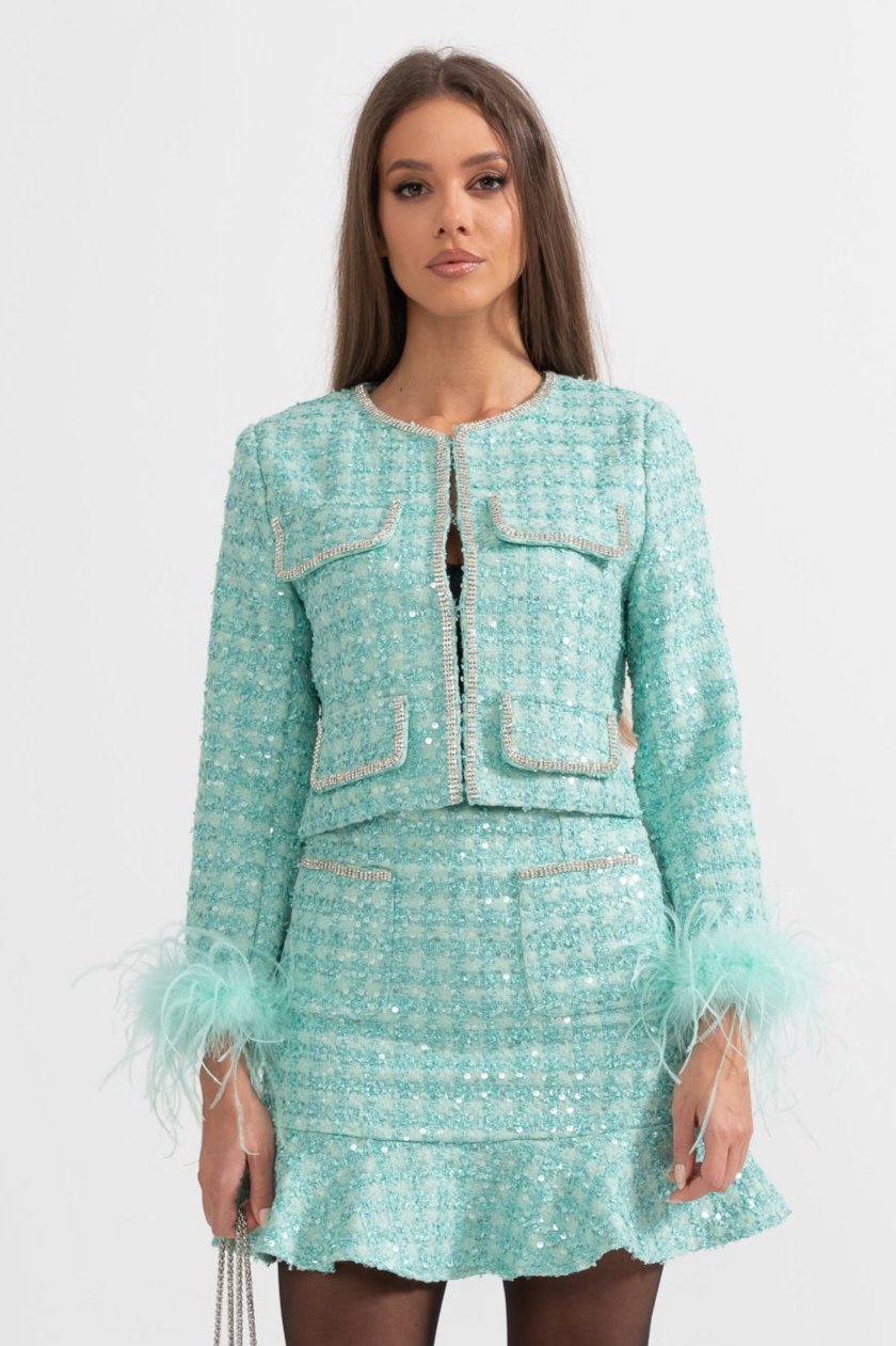 TIFFANY SPARKLING FEATHER EMBELLISHED SKIRT & VEST 2 PIECE CO-ORD - TIFFANY BLUE
