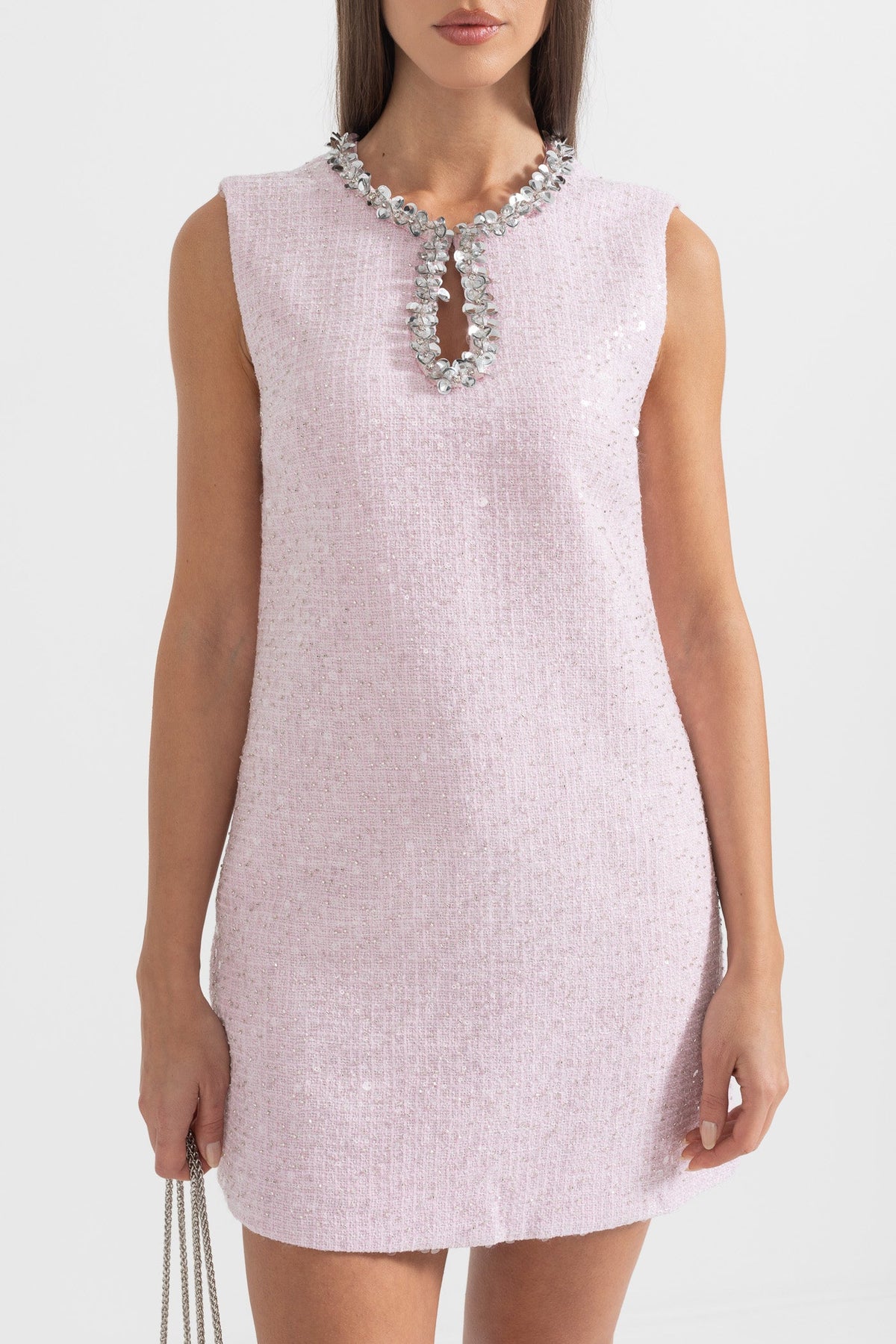 Textured Sleeveless Mini Dress With Sparkling Collar Details - Pink