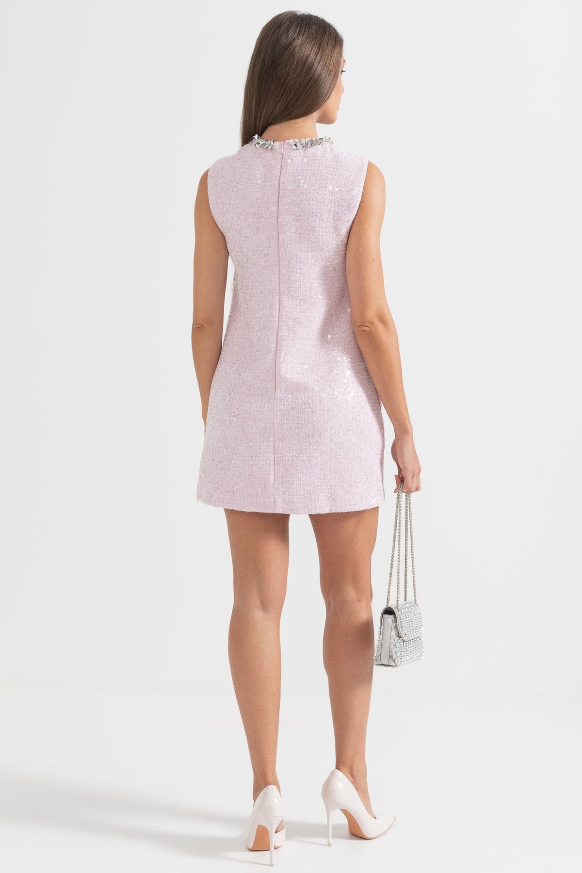Textured Sleeveless Mini Dress With Sparkling Collar Details - Pink