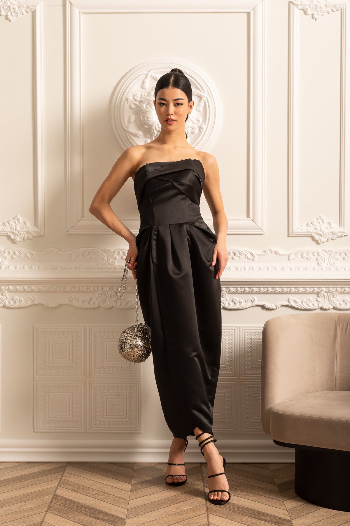 Strapless Midi Dress With Ruched Chest Detailing - Black