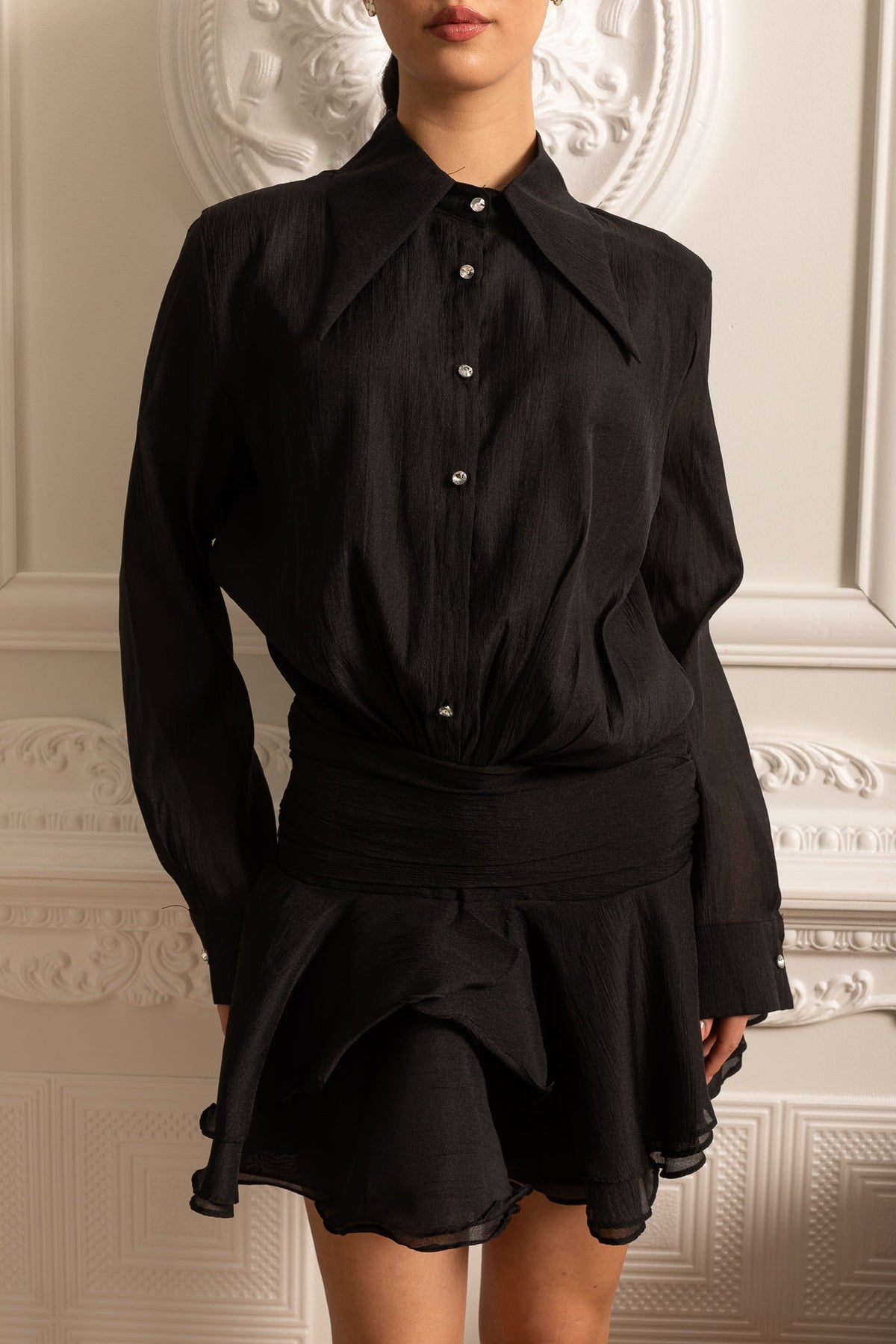 Button-Up Shirt With Cinched Waist - Black