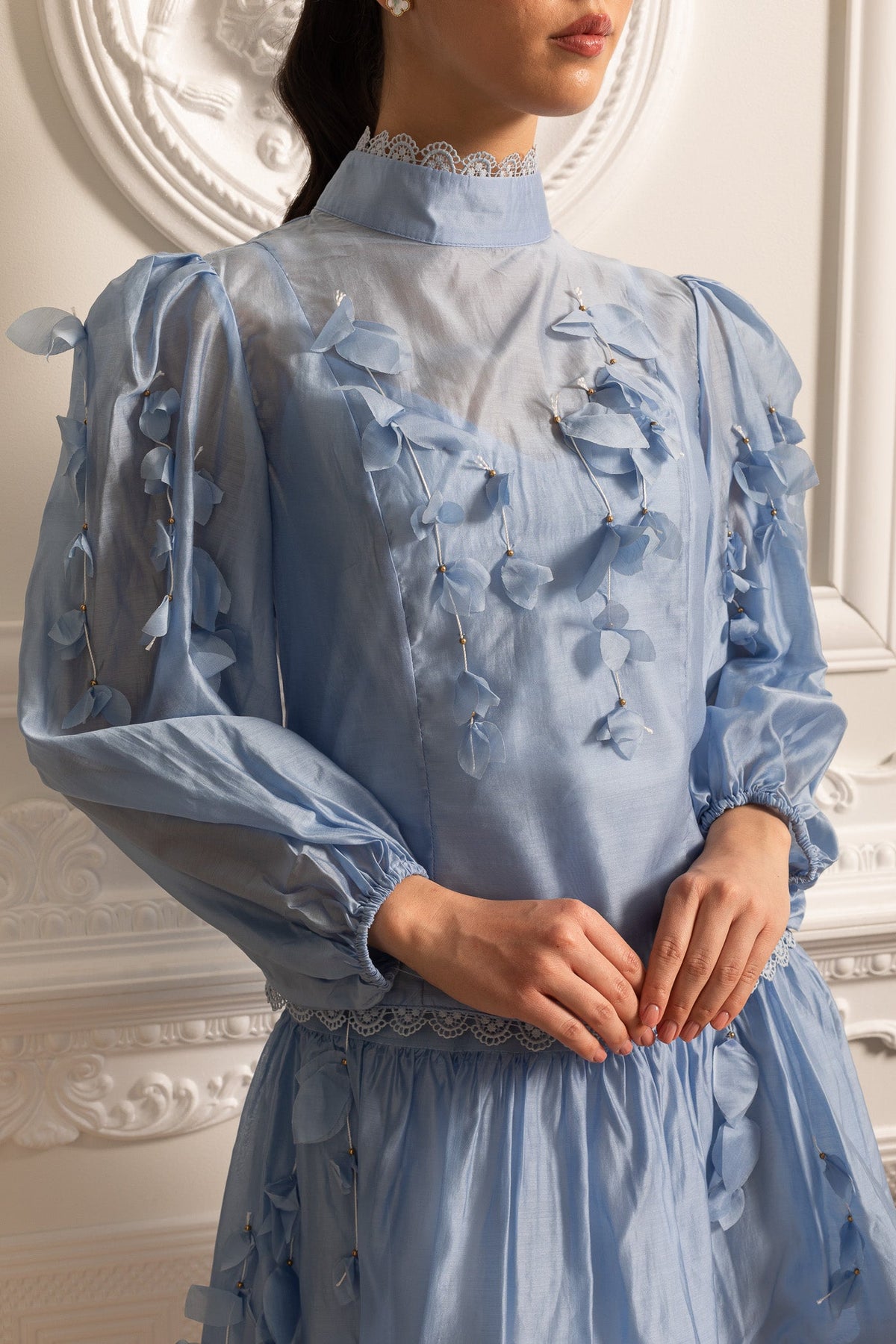 Elegant Floral Co-Ord With Delicate Lace Trim Accents - Blue