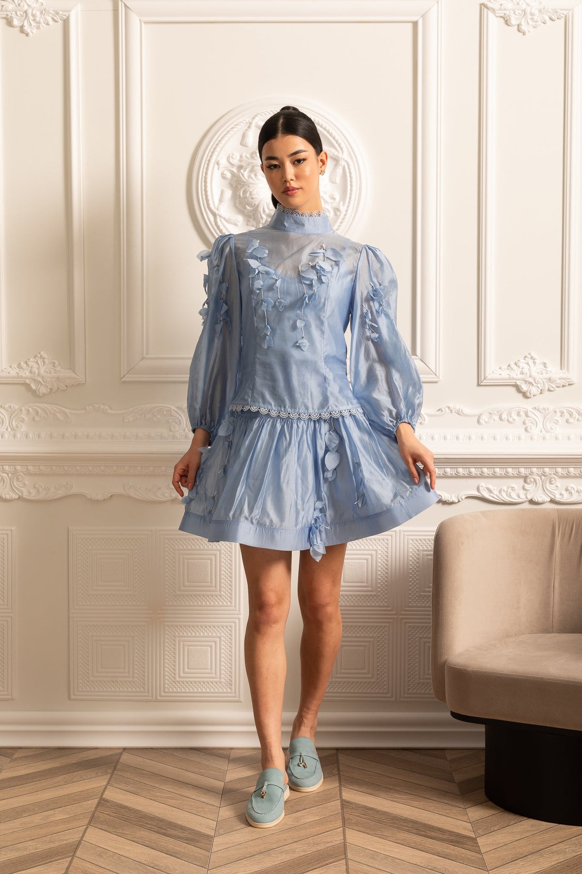Elegant Floral Co-Ord With Delicate Lace Trim Accents - Blue