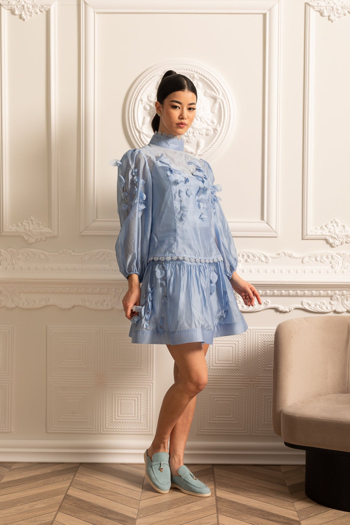Elegant Floral Co-Ord With Delicate Lace Trim Accents - Blue