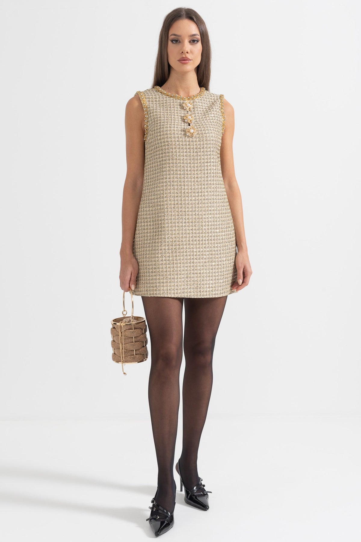 Patterned Mini Dress With Golden Accents - Gold