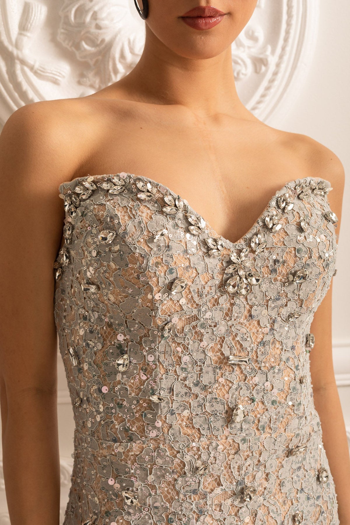 Patterned Strapless Dress With Fringe Detailing at Hem - Silver