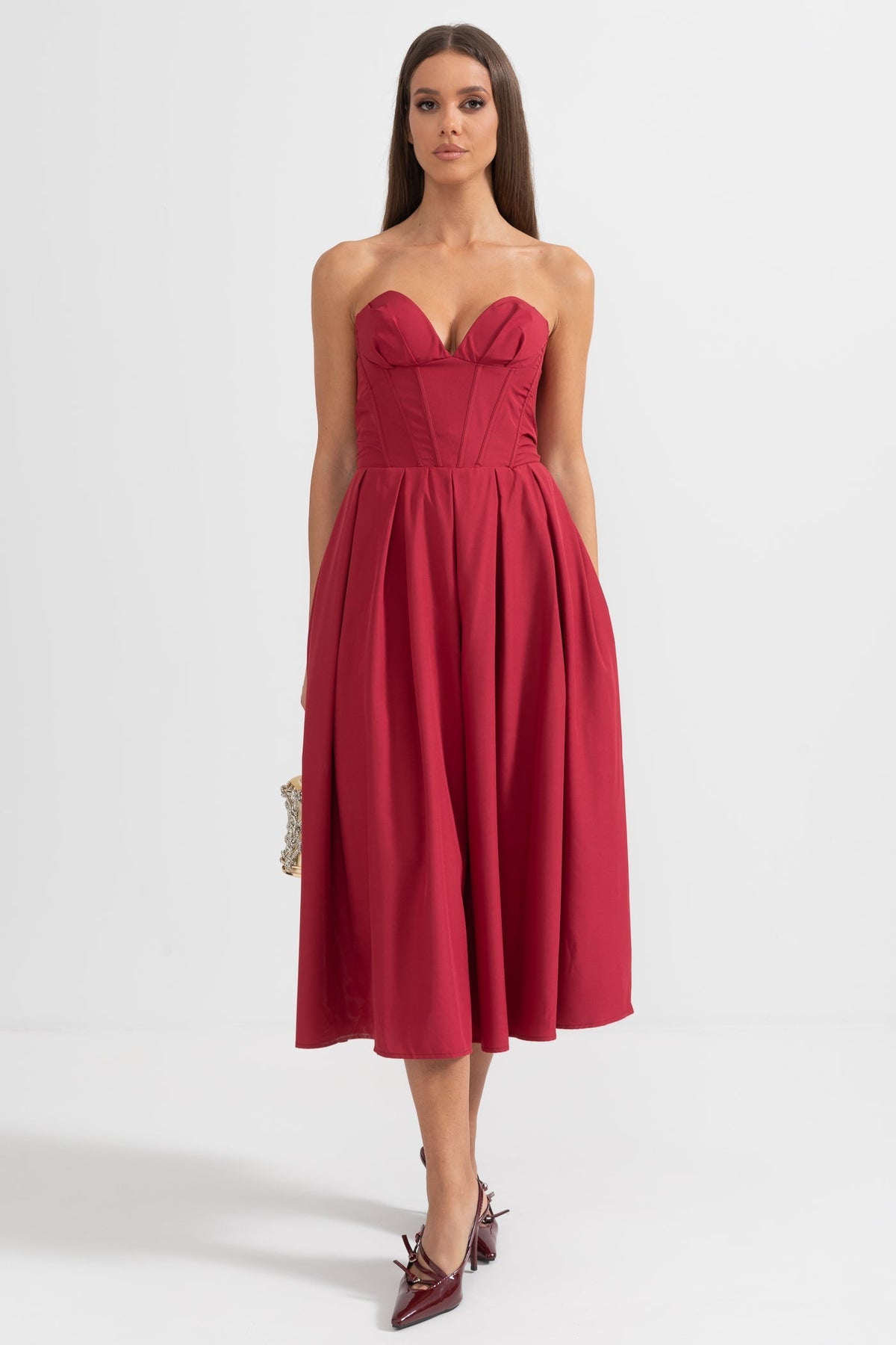 Sophisticated Strapless Midi Dress with Fitted Bodice - Burgundy
