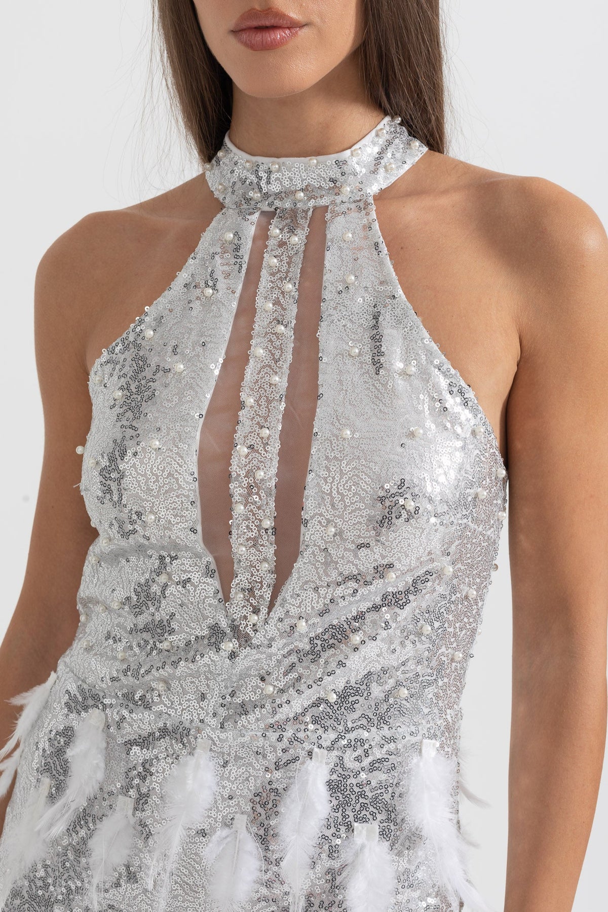 Shimmering Sequin Mini Dress With Front Cutouts And Feathers - Silver