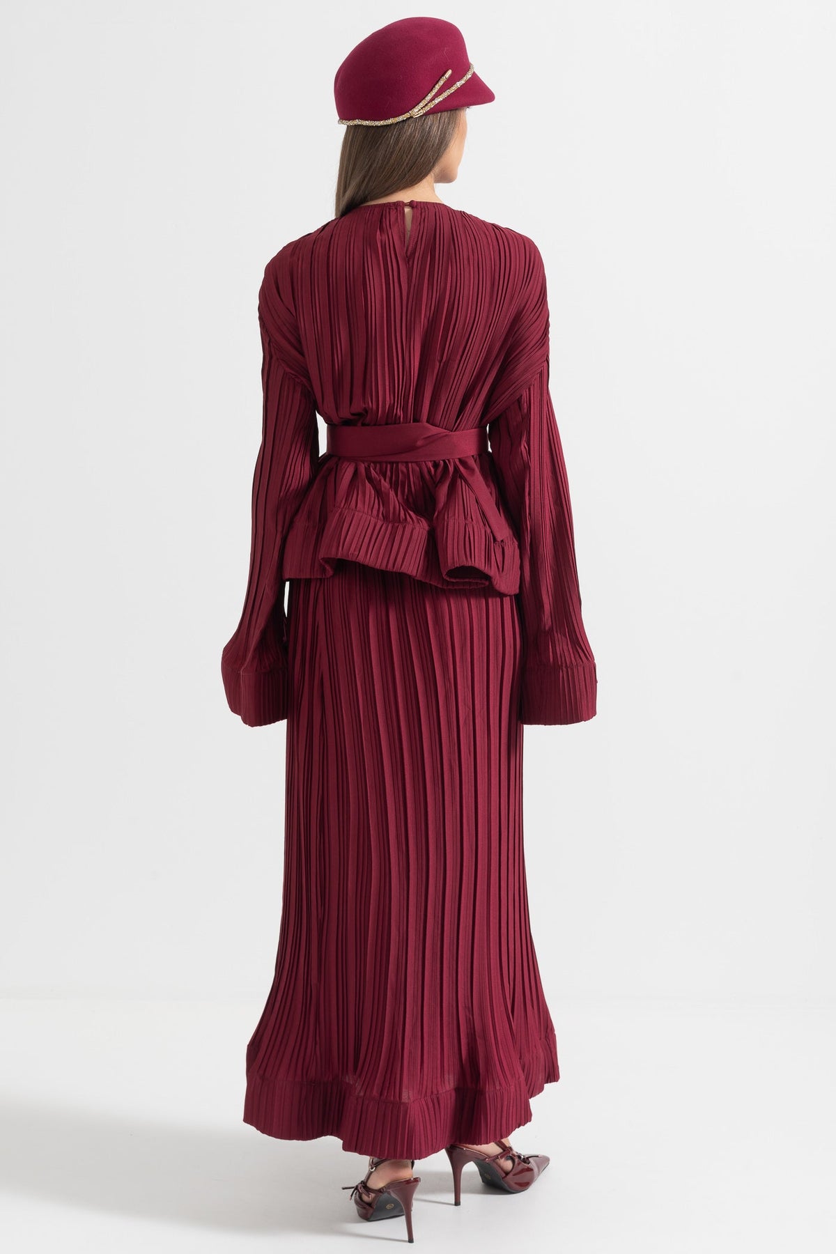 Elegant Ensemble With Pleated Top And Maxi Skirt - Burgundy