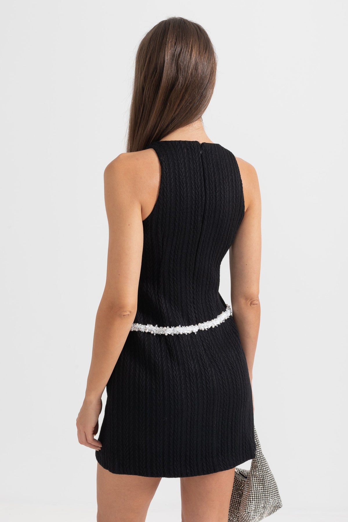 Elegant Sleeveless Textured Mini Dress- Black