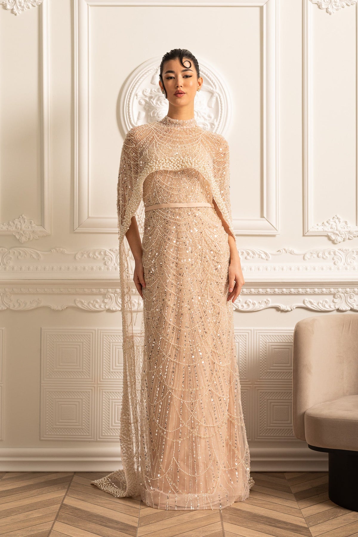 Glamourous Beaded Gown With Detachable Veil - Beige