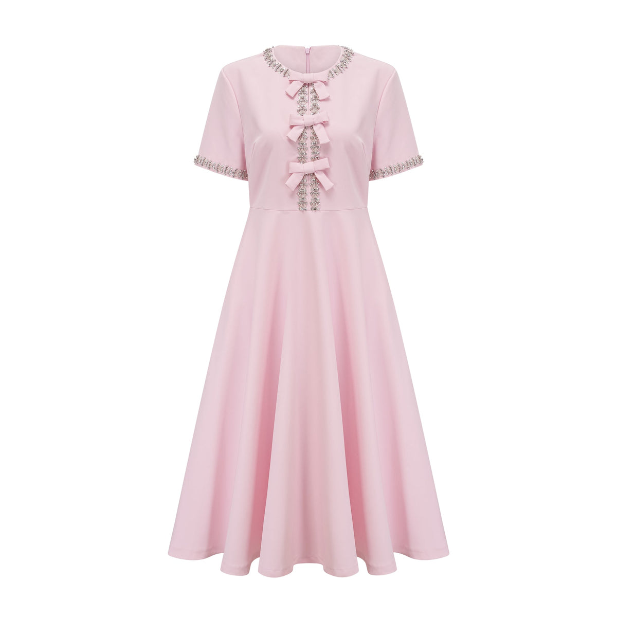 Cassi crystal-accented pink bow midi dress
