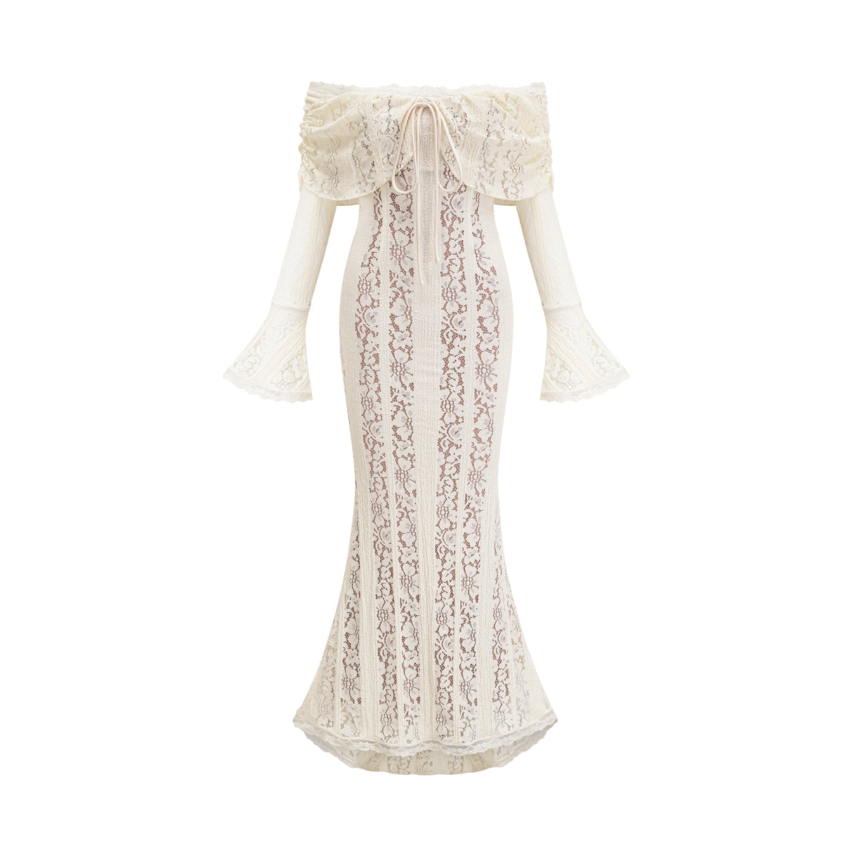 Émeline floral lace flared-cuff maxi dress in Neutrals