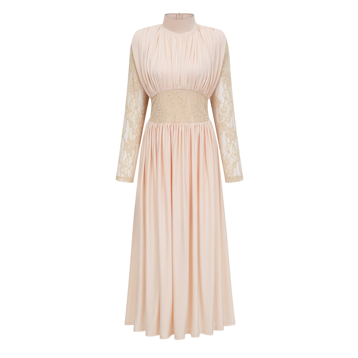 Karine Neutral Lace Panel Ruched Maxi Dress (Final Sale-US Only)