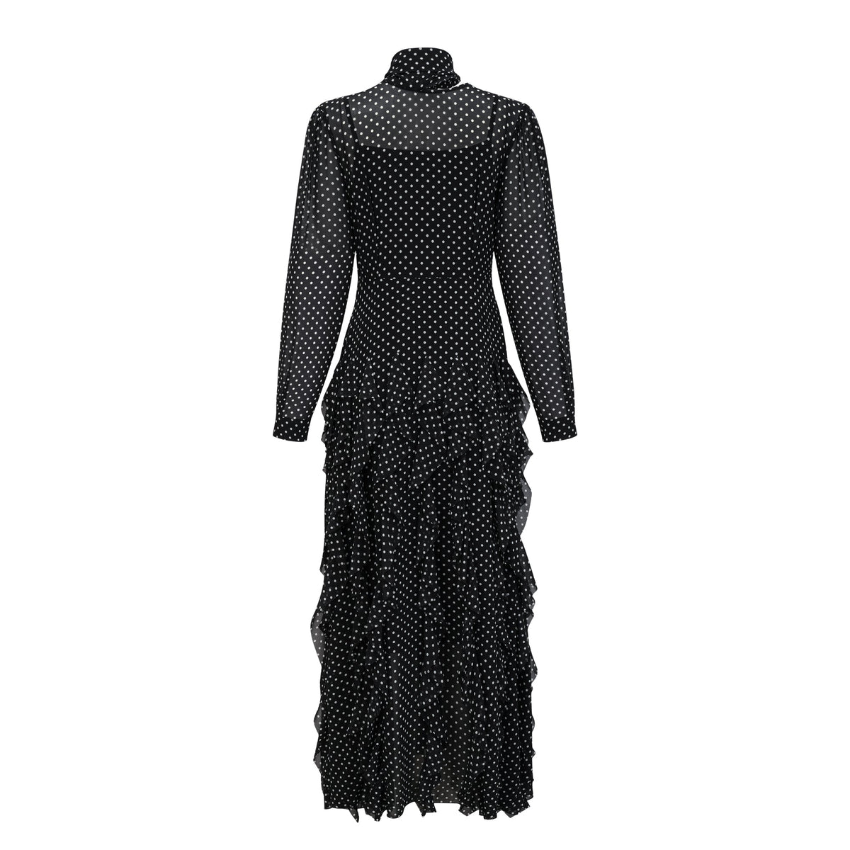 Coraline black polka-dot ruffled midi dress