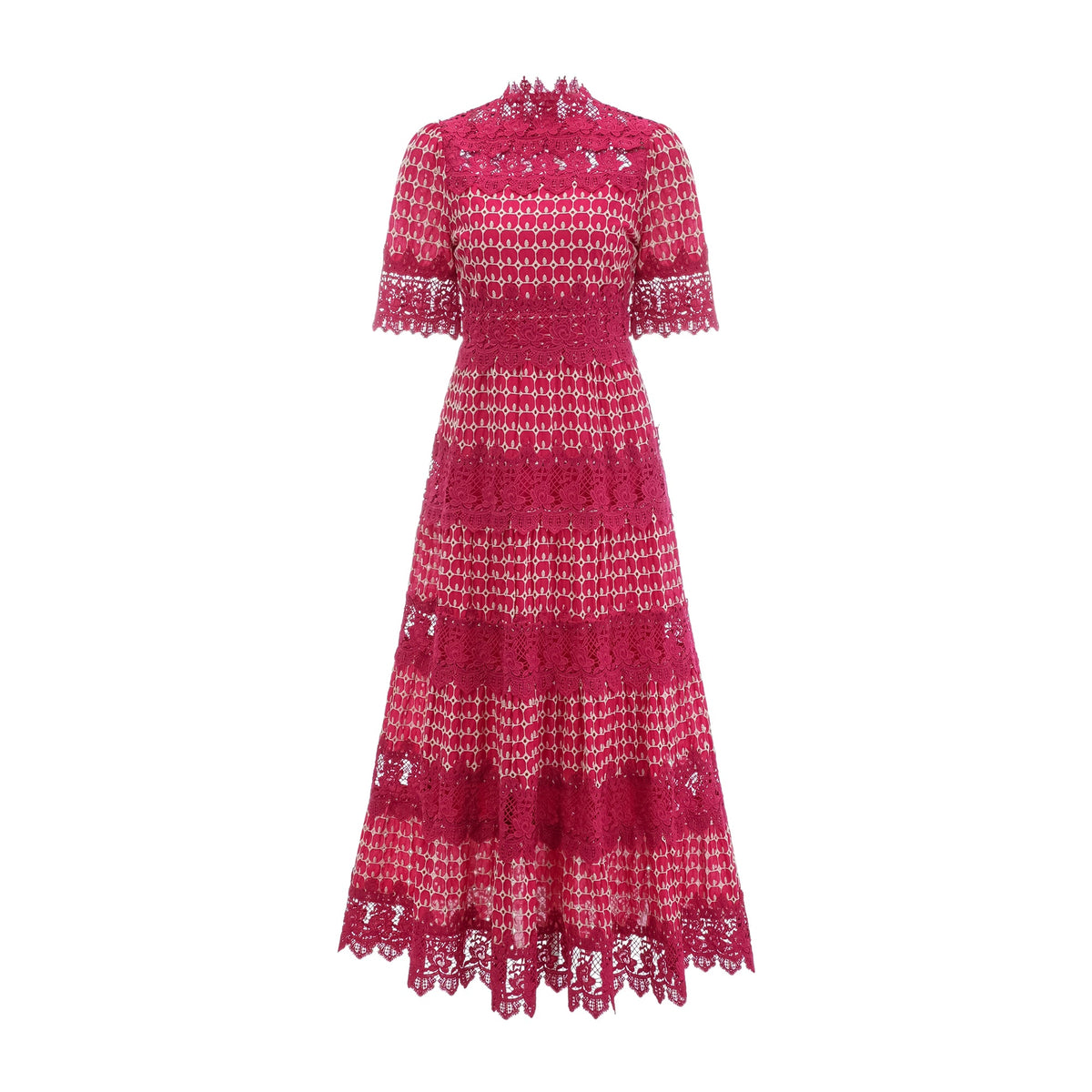 Chantal red scallop-pattern lace-panel maxi dress (Final Sale)