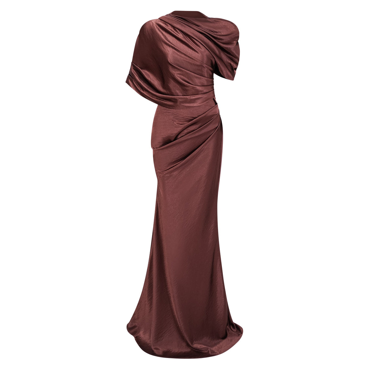 Luisa Brown Asymmetrical Gathered Satin Maxi Dress (Final Sale-US Only)