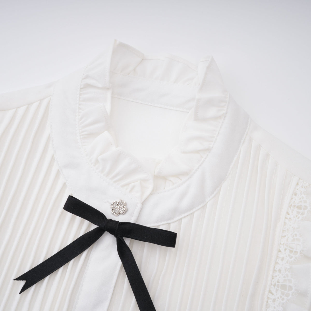 Paulette white bowknot shirred-panel ruffled shirt