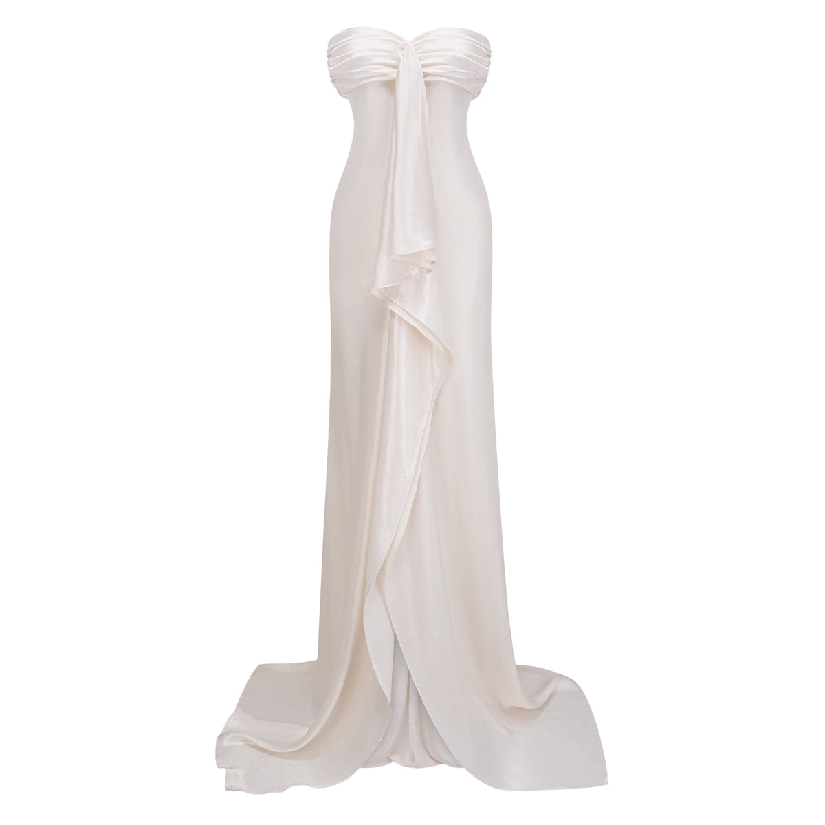 Lilla Beige Strapless Ruffled Satin Maxi Dress