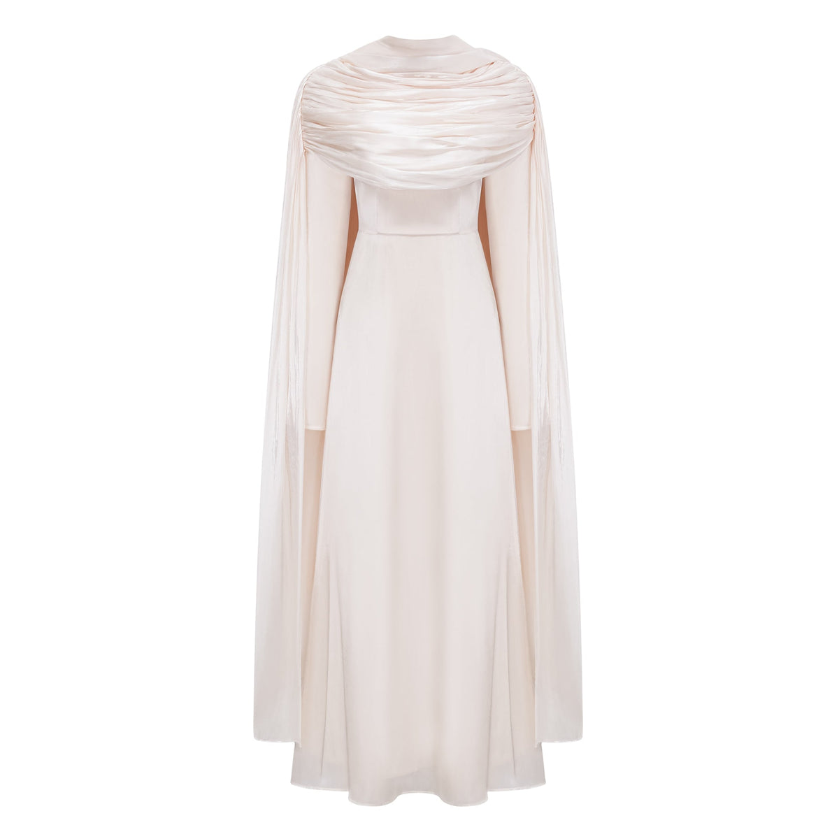 Hege Cream Glossy Ruched Cape Maxi Dress