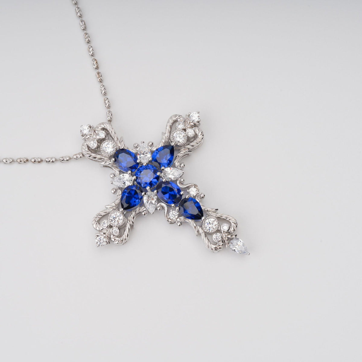 Tuulikki Blue Cross Shaped Pear Cut Gemstone Pendant Sterling Silver Necklace