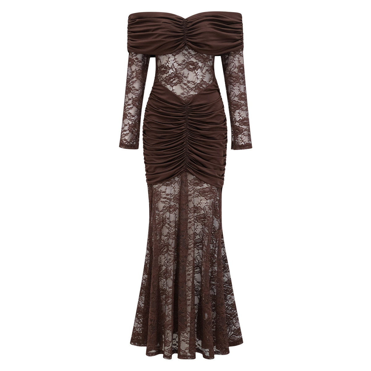 Brigitte Brown Lace Panel Ruched Maxi Dress (Final Sale-US Only)