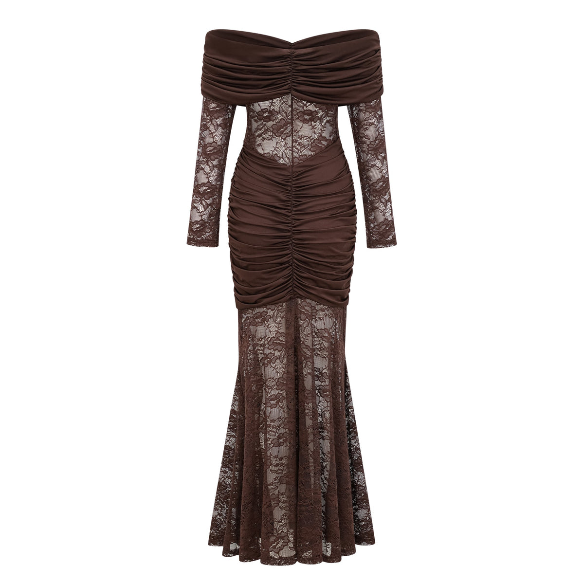 Brigitte Brown Lace Panel Ruched Maxi Dress (Final Sale)