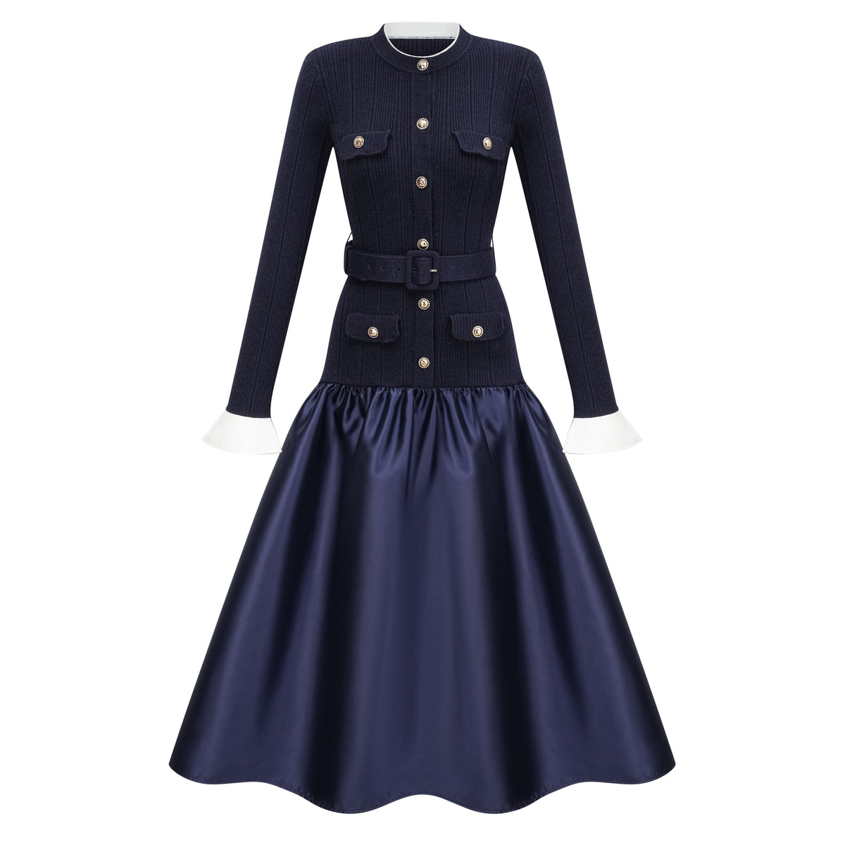 Fern Navy Blue Satin Panel Knit Midi Dress