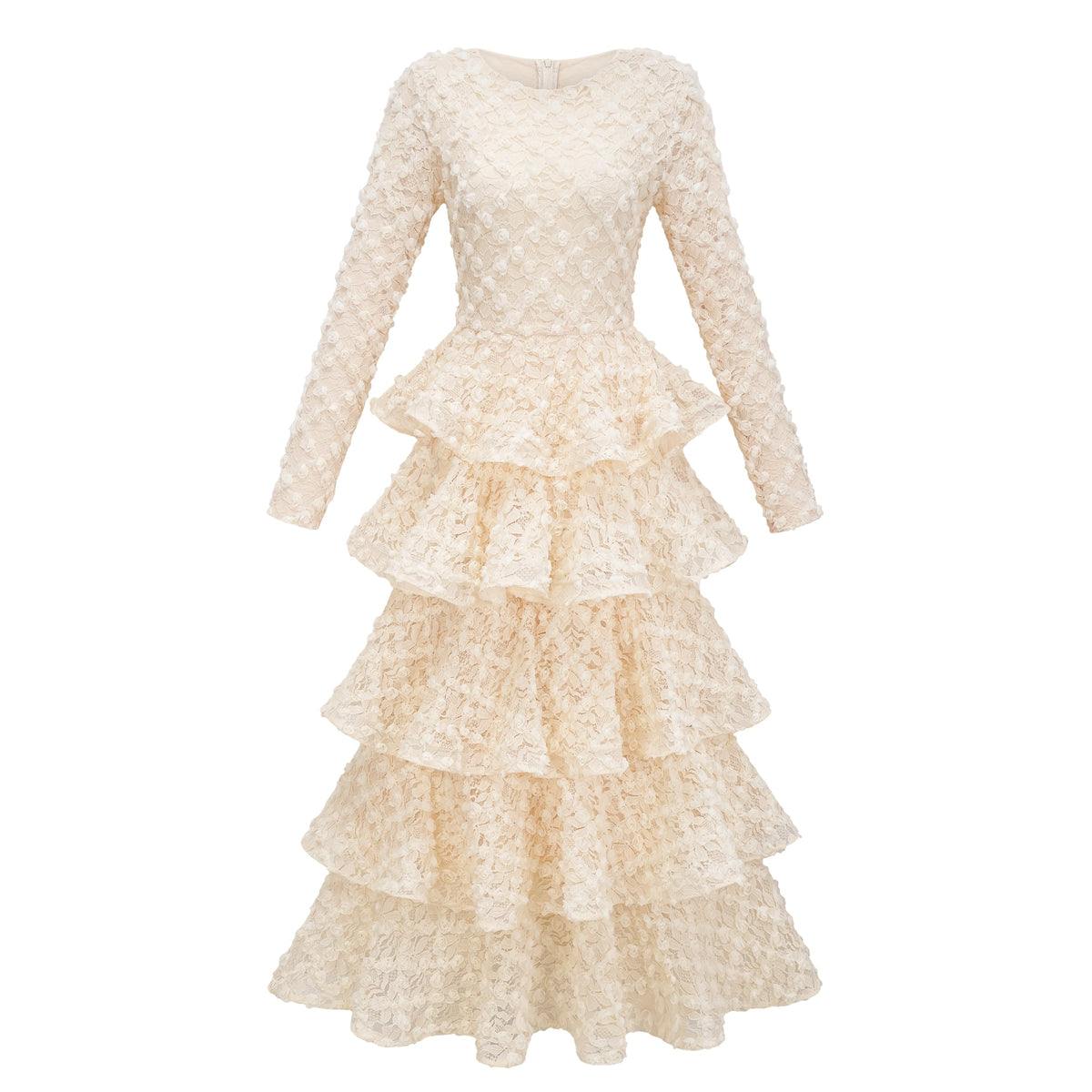 Halla Neutral Tiered Floral Lace Maxi Dress
