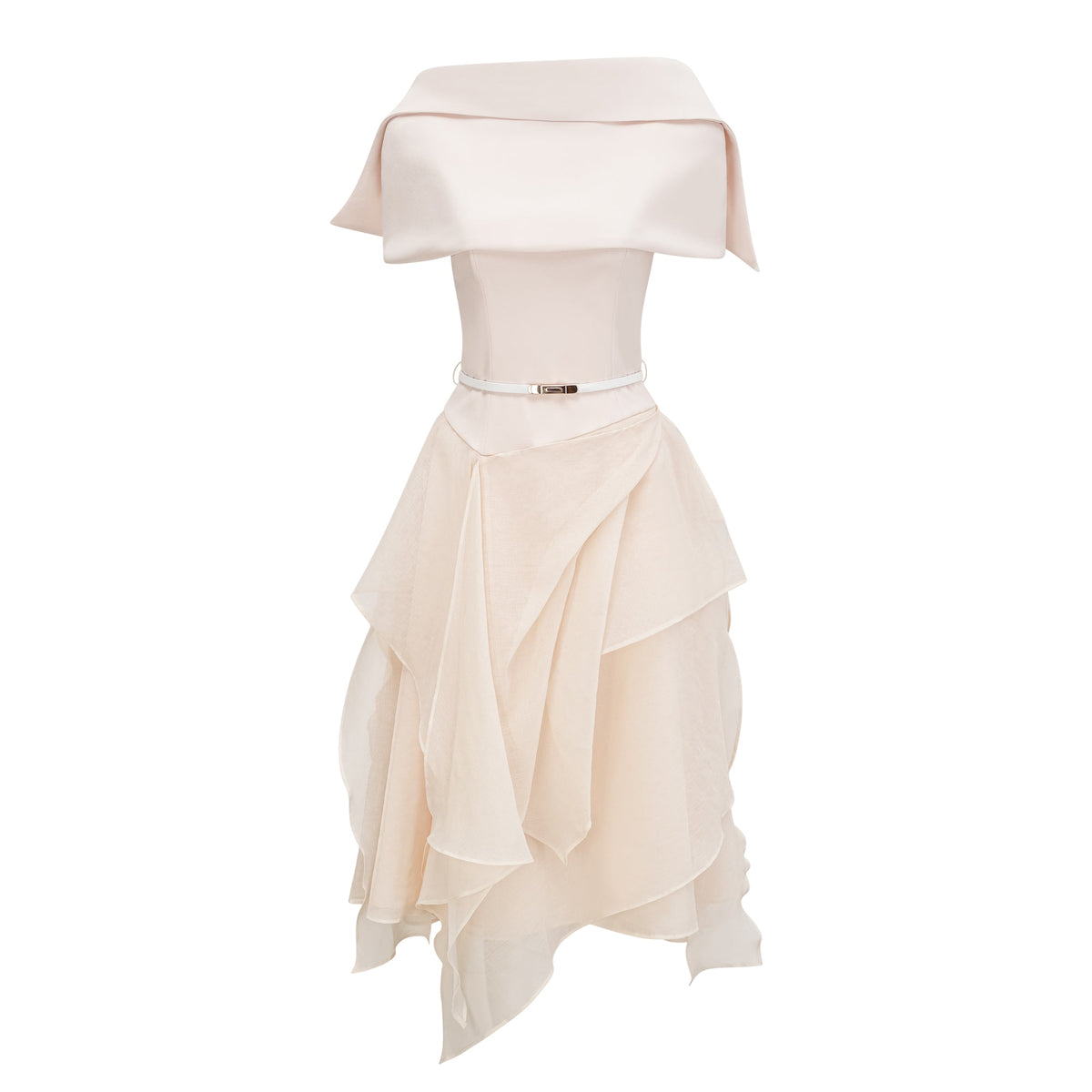 Aria White Asymmetrical Shawl & Tulle Panel Dress Set