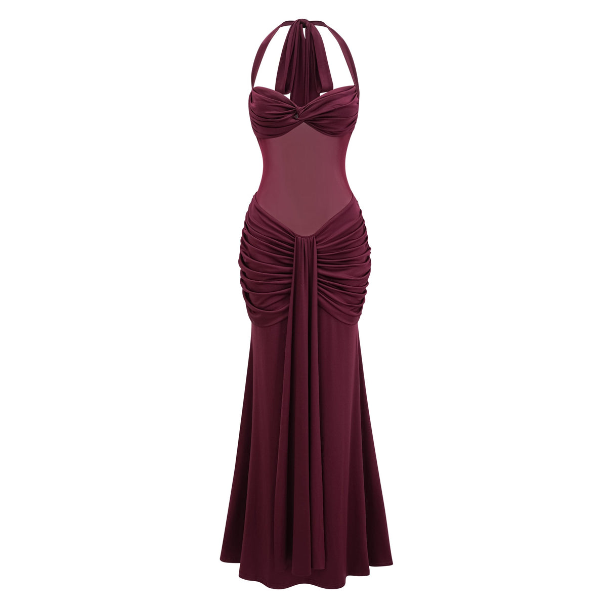 Amandine Burgundy Halterneck Gathered Maxi Dress (Final Sale)