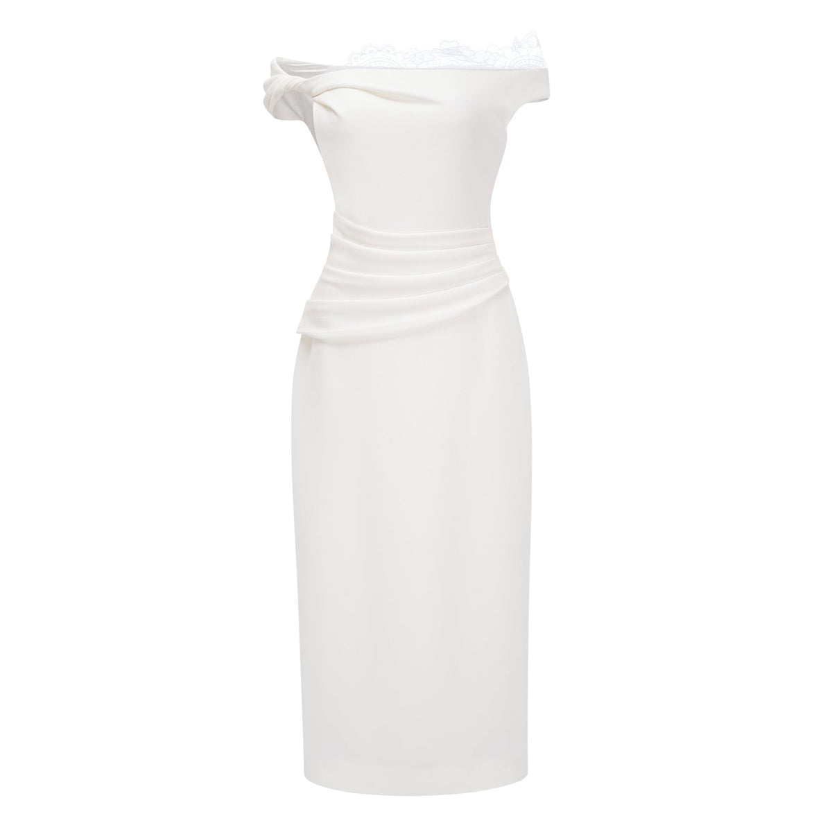 Roshanak White One Shoulder Midi Dress with Lace Panels