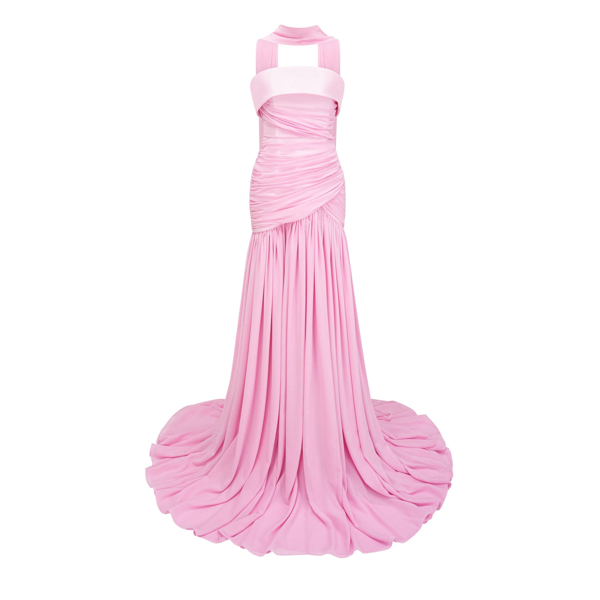Laetitia Pink Pleated Train Ruched Maxi Dress